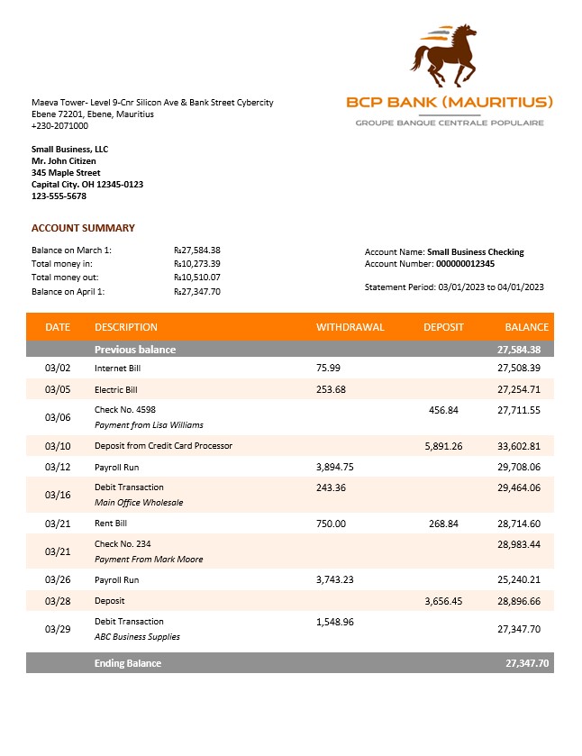 Modèle Word et PDF de relevé de compte d'entreprise de la BCP Banque